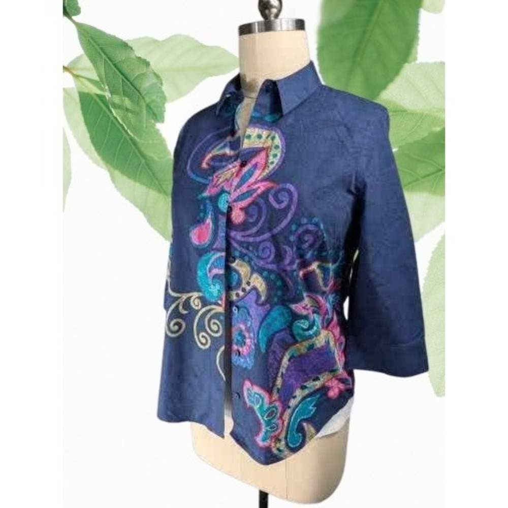 Chico's Sz 2 Blue/Multicolor 3/4 Sleeve Collared Button Down Shirt Women No Iron